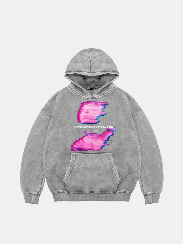 Yıkamalı Beyaz Temperature Baskılı Oversize Unisex Hoodie
