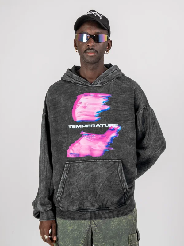 Yıkamalı Siyah Temperature Baskılı Oversize Unisex Hoodie
