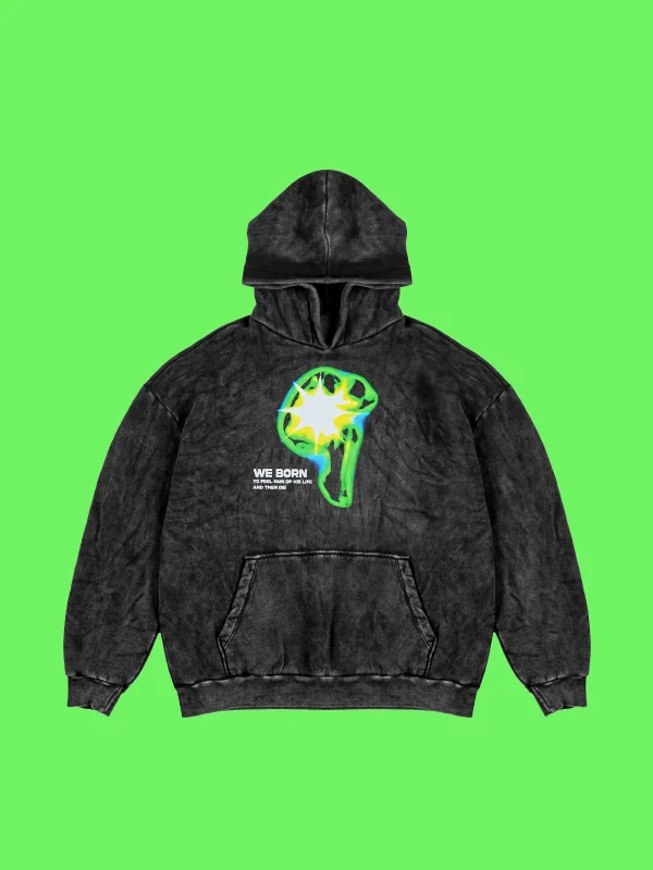 Yıkamalı Siyah WE BORN Baskılı Oversize Unisex Hoodie