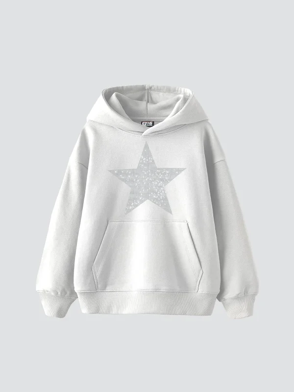 Yıldız Taş Baskılı Oversize Unisex Beyaz Hoodie