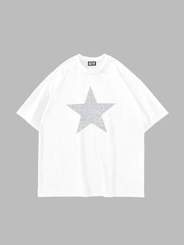 Yıldız Taş Baskılı Oversize Unisex Beyaz Tshirt