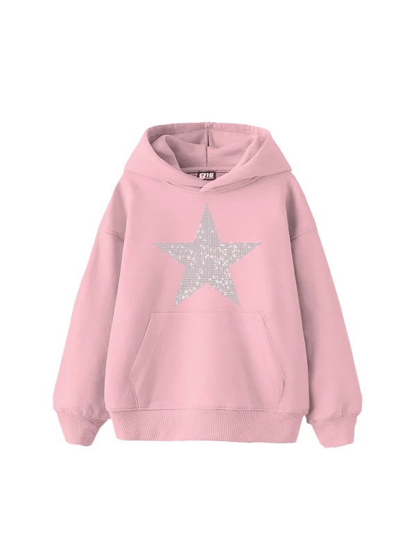 Yıldız Taş Baskılı Oversize Unisex Pembe Hoodie