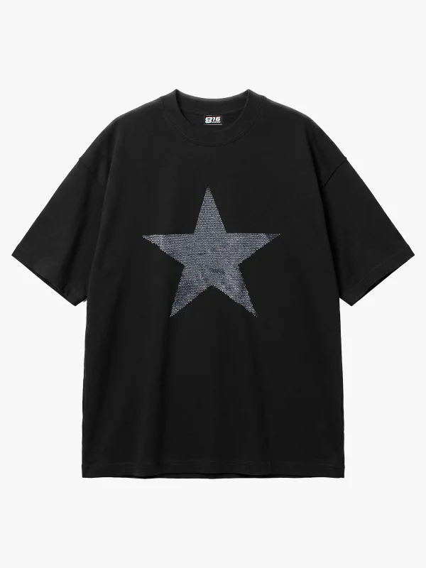 Yıldız Taş Baskılı Oversize Unisex Siyah Tshirt
