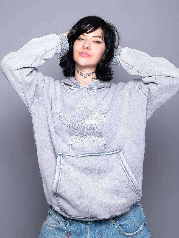 Yıldız Taş Baskılı Oversize Unisex Yıkamalı Beyaz Hoodie