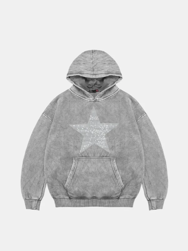 Yıldız Taş Baskılı Oversize Unisex Yıkamalı Beyaz Hoodie