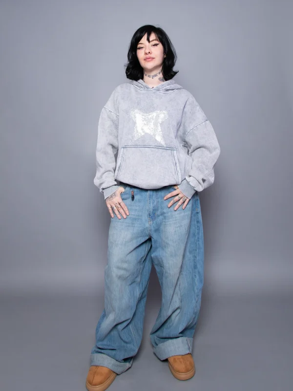 Yıldız Taş Baskılı Oversize Unisex Yıkamalı Beyaz Hoodie
