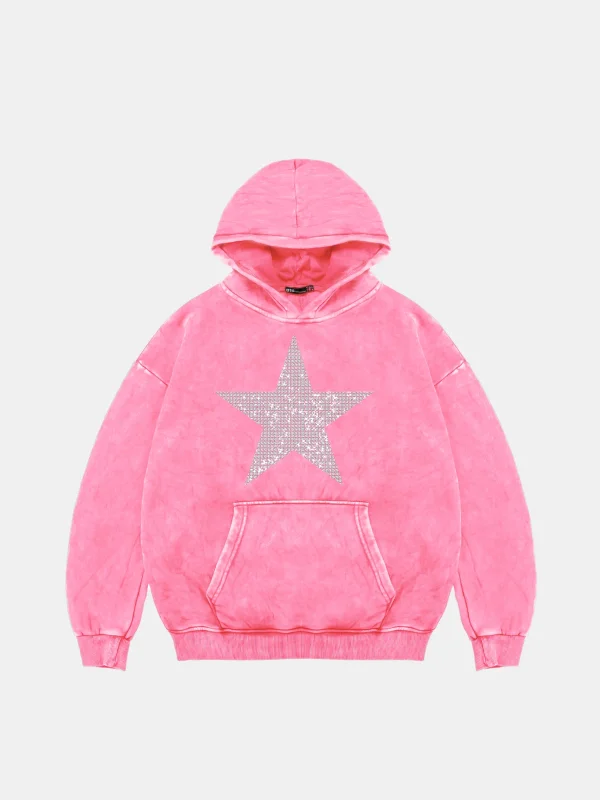 Yıldız Taş Baskılı Oversize Unisex Yıkamalı Pembe Hoodie
