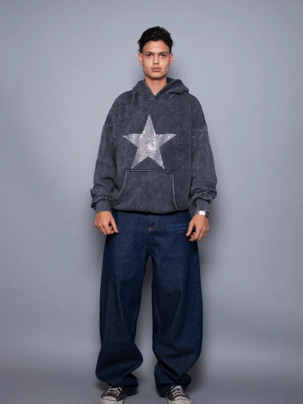 Yıldız Taş Baskılı Oversize Unisex Yıkamalı Siyah Hoodie