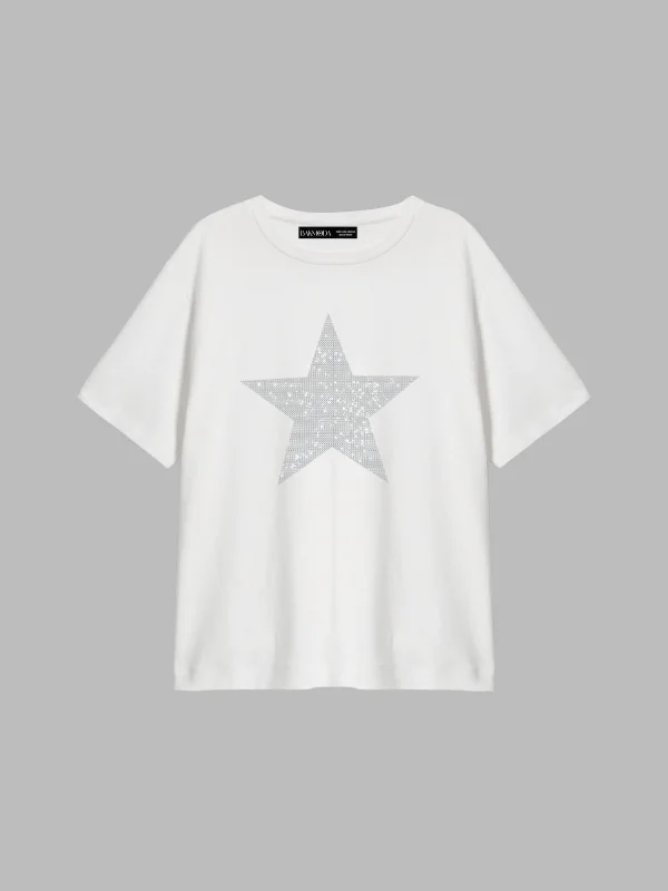 Yıldız Taş Baskılı Relaxed Fit Beyaz Kadın Tshirt