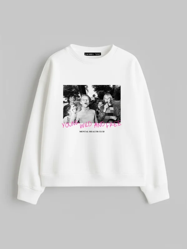Young Wild N Free Baskılı Kapüşonsuz Relaxed Fit Kadın Beyaz Sweatshirt