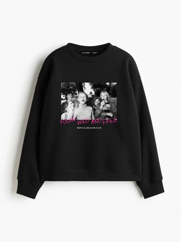Young Wild N Free Baskılı Kapüşonsuz Relaxed Fit Kadın Siyah Sweatshirt