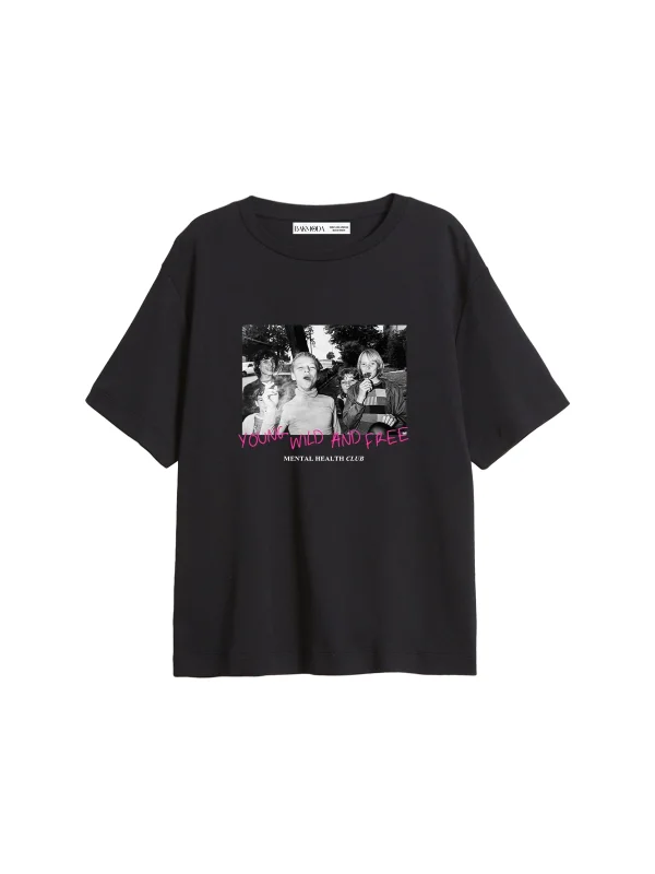 Young Wild N Free Baskılı Relaxed Fit Siyah Kadın Tshirt