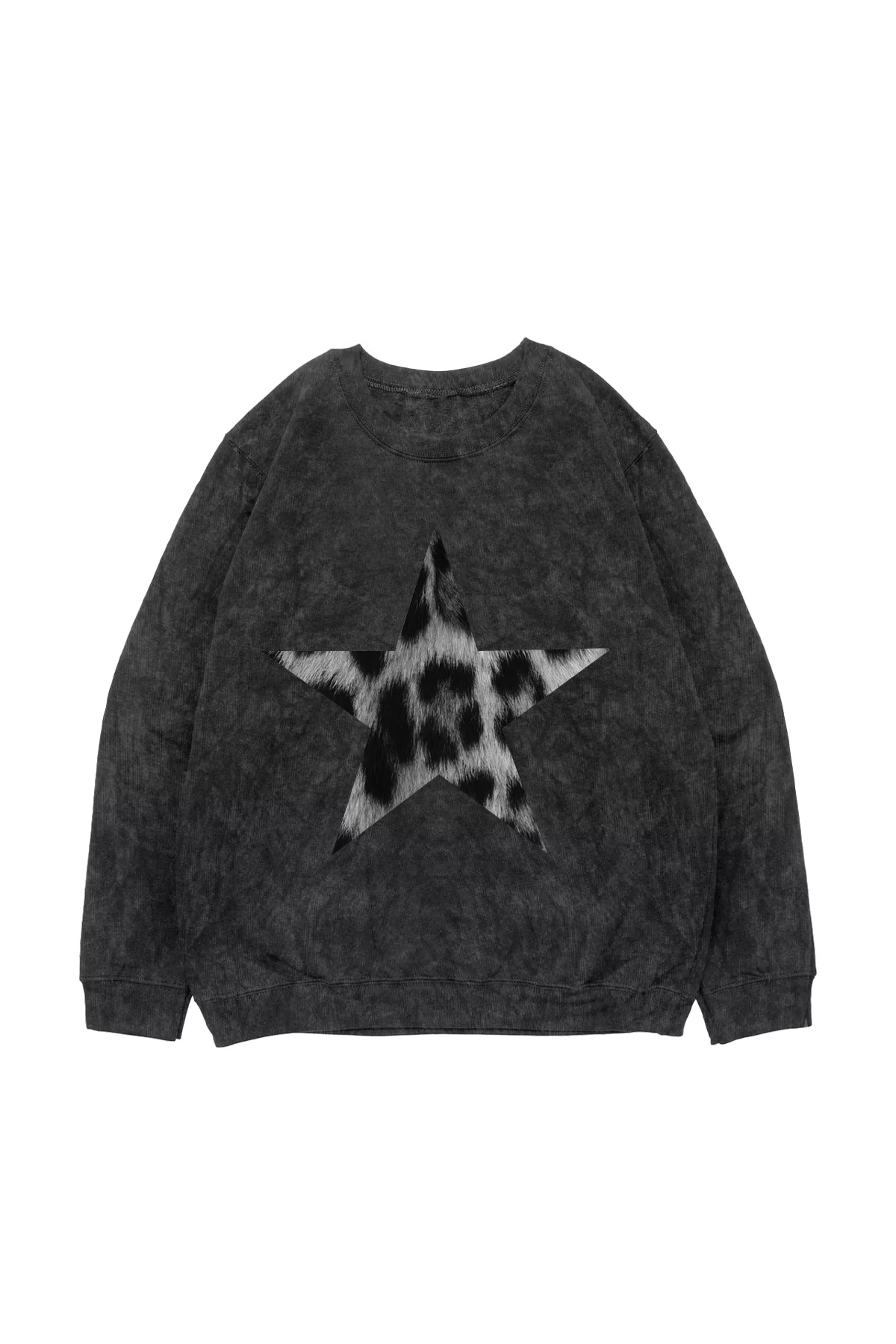 V2 Starz Leopar Baskılı Yıkamalı Siyah Oversize Unisex Sweatshirt