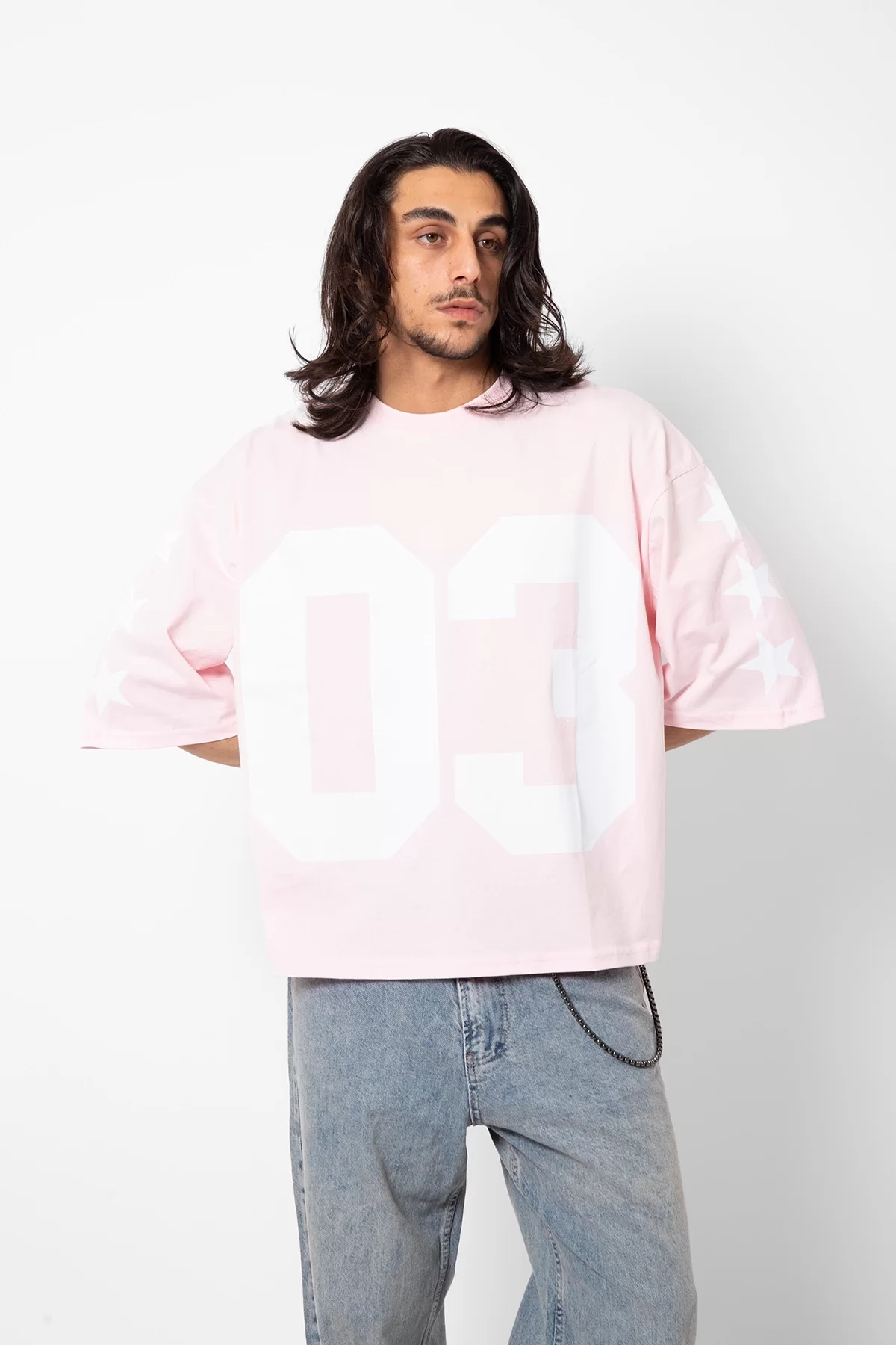 03 Stars Baskılı Oversize Unisex Pembe Tshirt