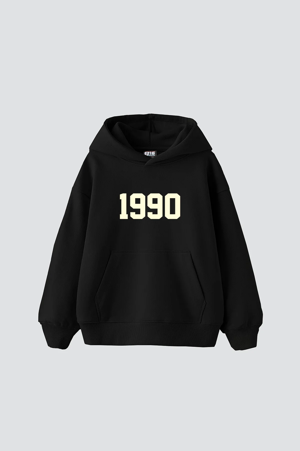 1990 Baskılı Oversize Unisex Siyah Hoodie