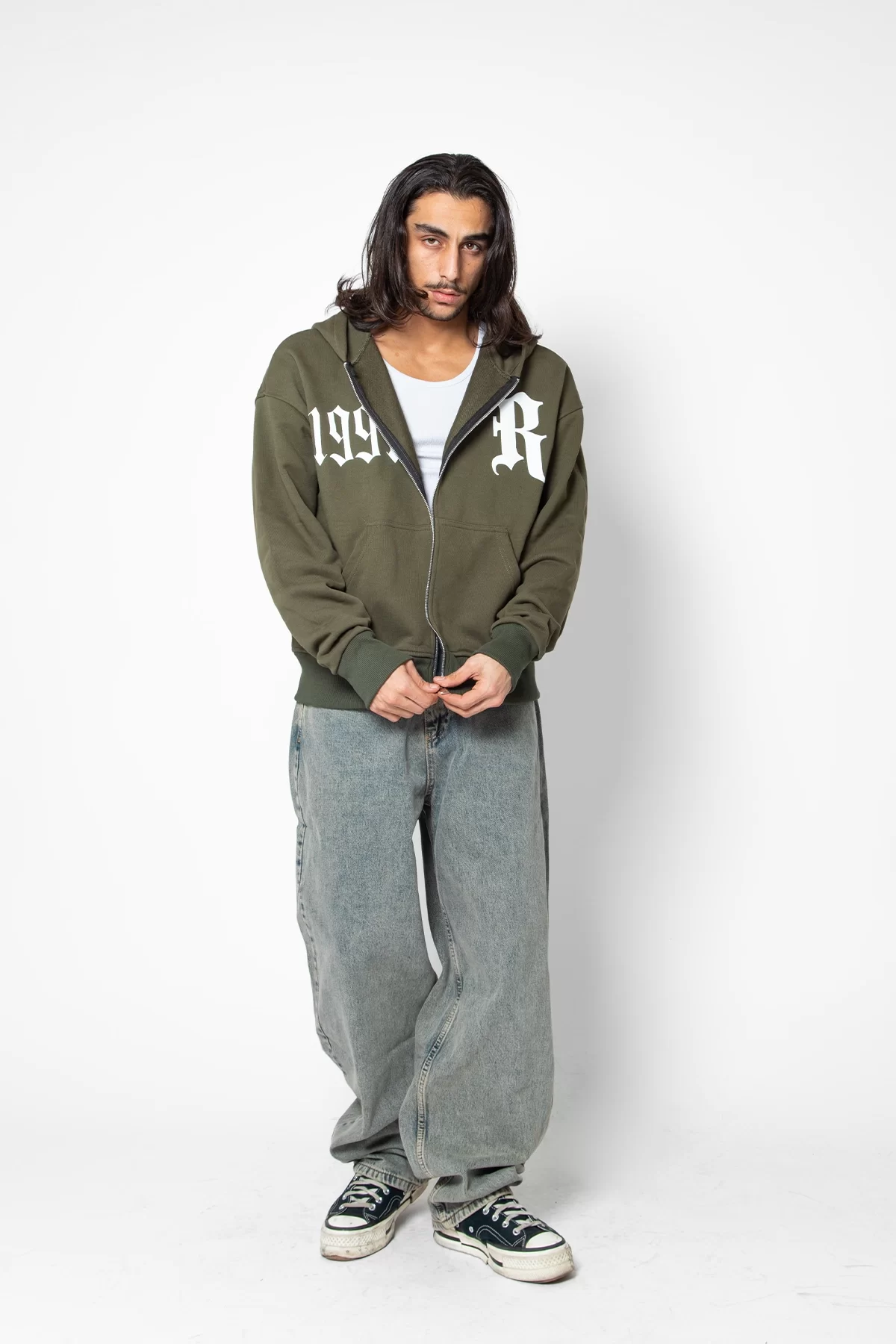 1991 Baskılı Oversize Unisex Haki Fermuarlı Sweatshirt