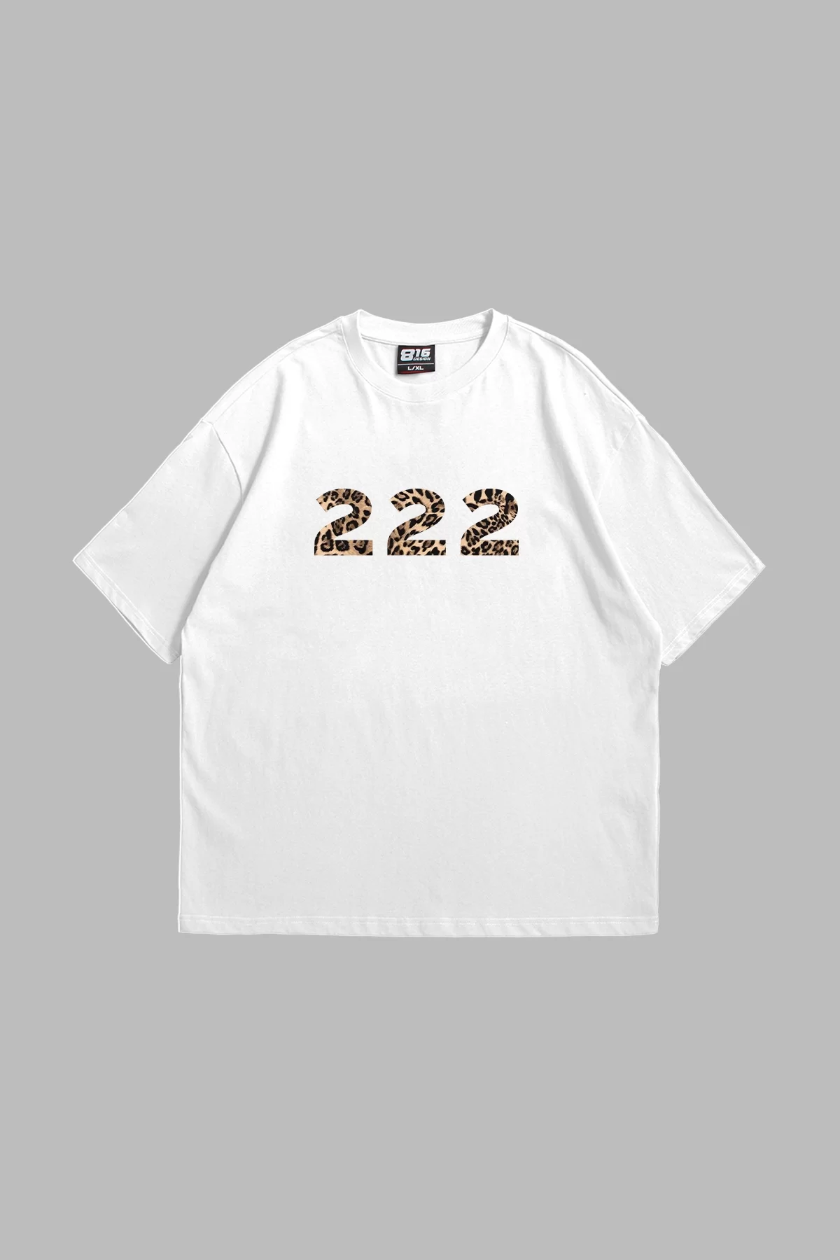 222 Leopar Baskılı Oversize Unisex Premium Beyaz Tshirt