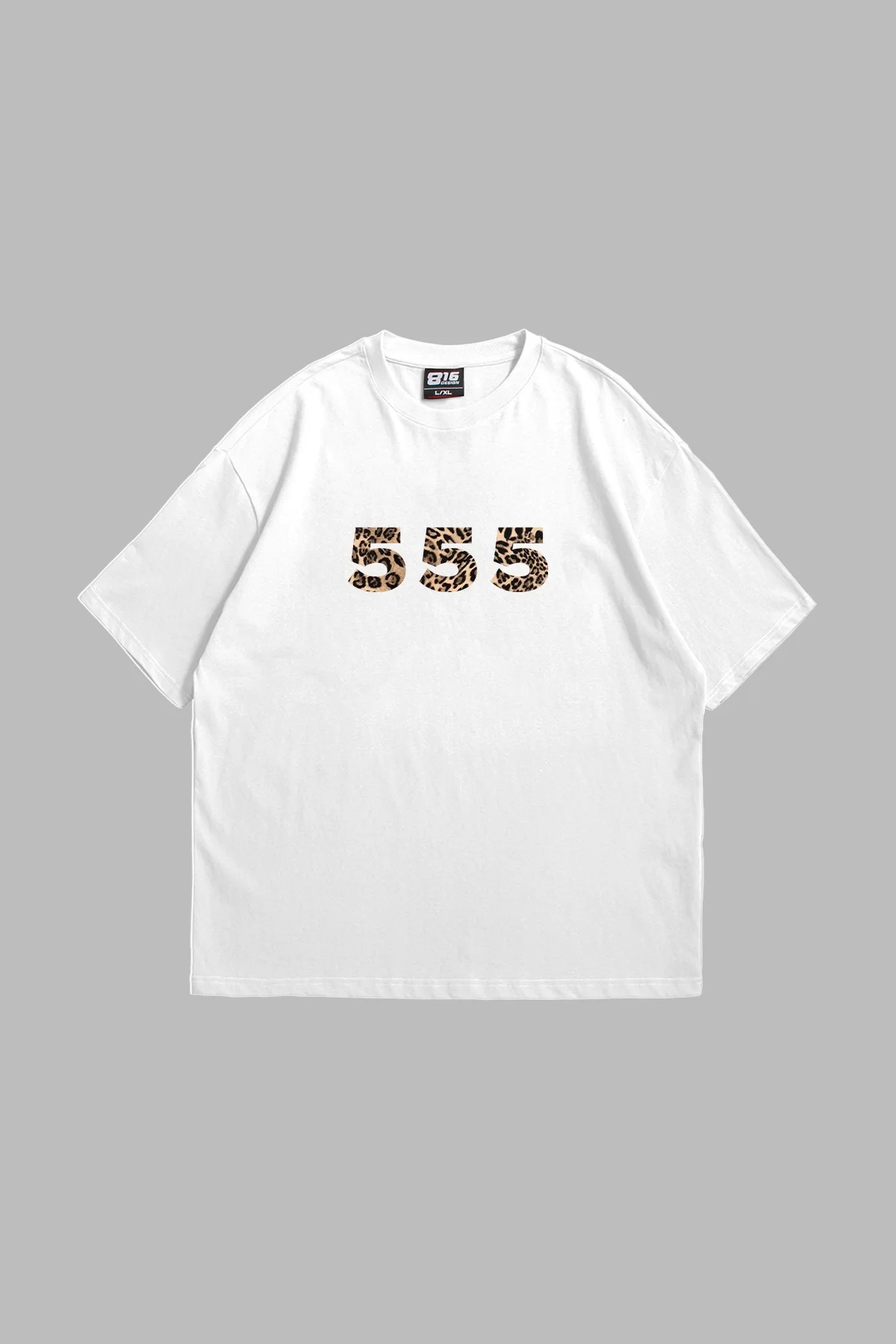 555 Leopar Baskılı Oversize Unisex Beyaz Tshirt