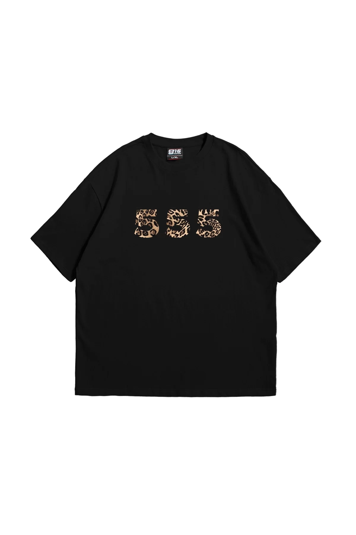 555 Leopar Baskılı Oversize Unisex Premium Siyah Tshirt