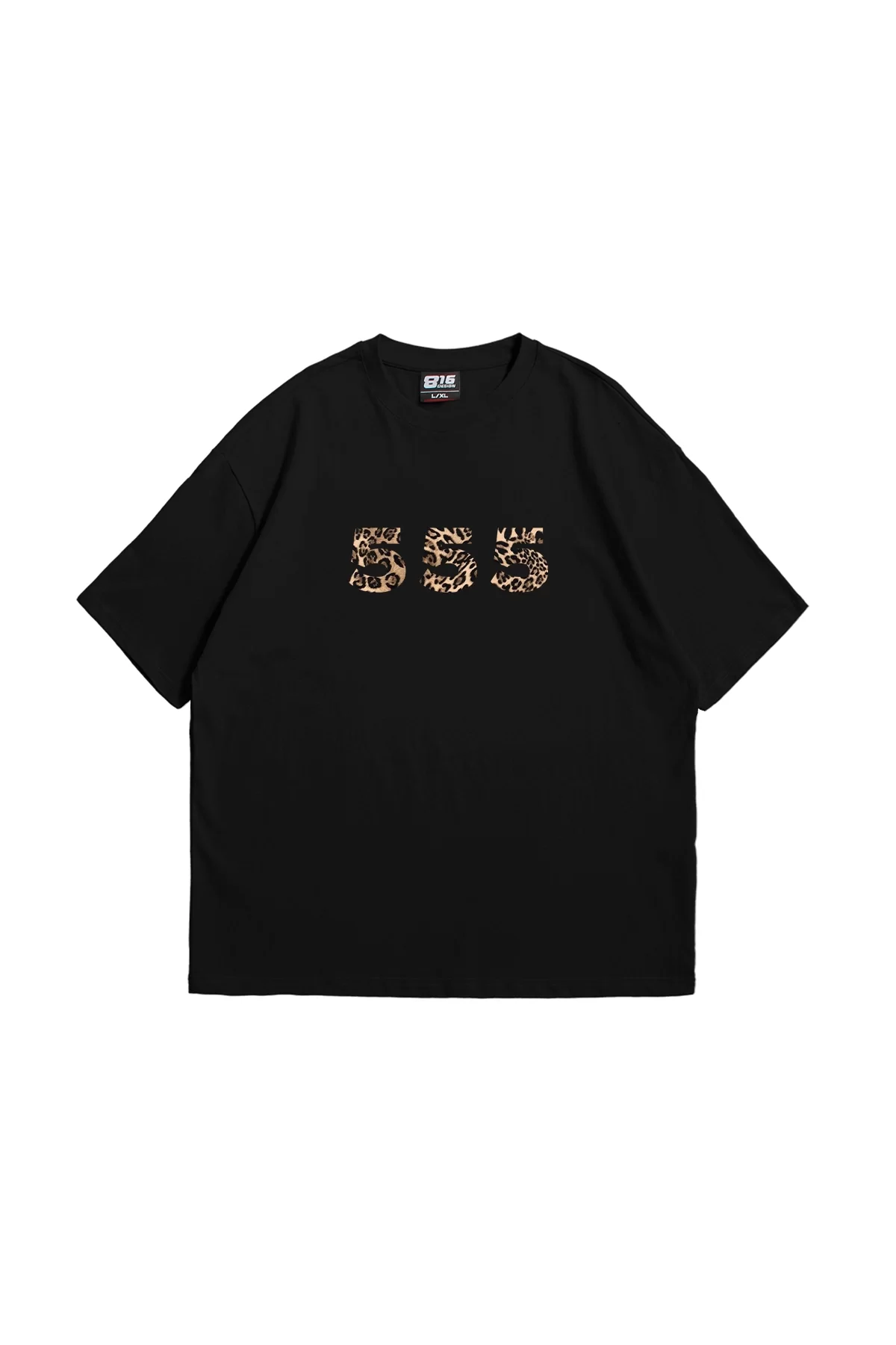 555 Leopar Baskılı Oversize Unisex Siyah Tshirt