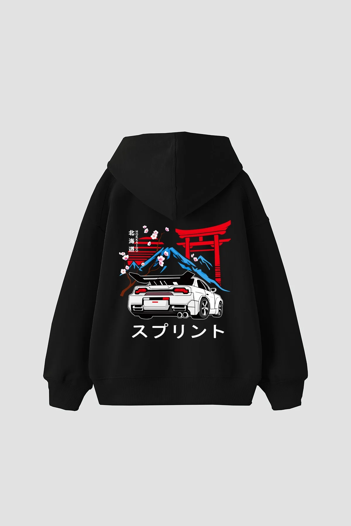 Japanese Honda Sakura Baskılı Oversize Unisex Siyah Hoodie