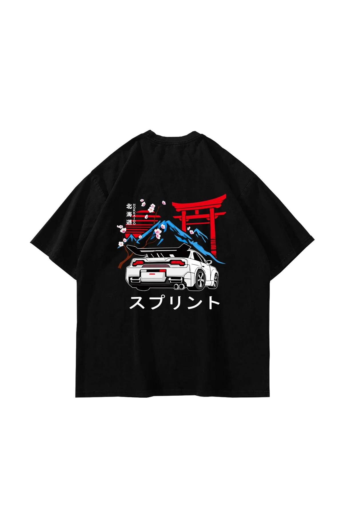 Japanese Honda Sakura Baskılı Oversize Unisex Siyah Tshirt