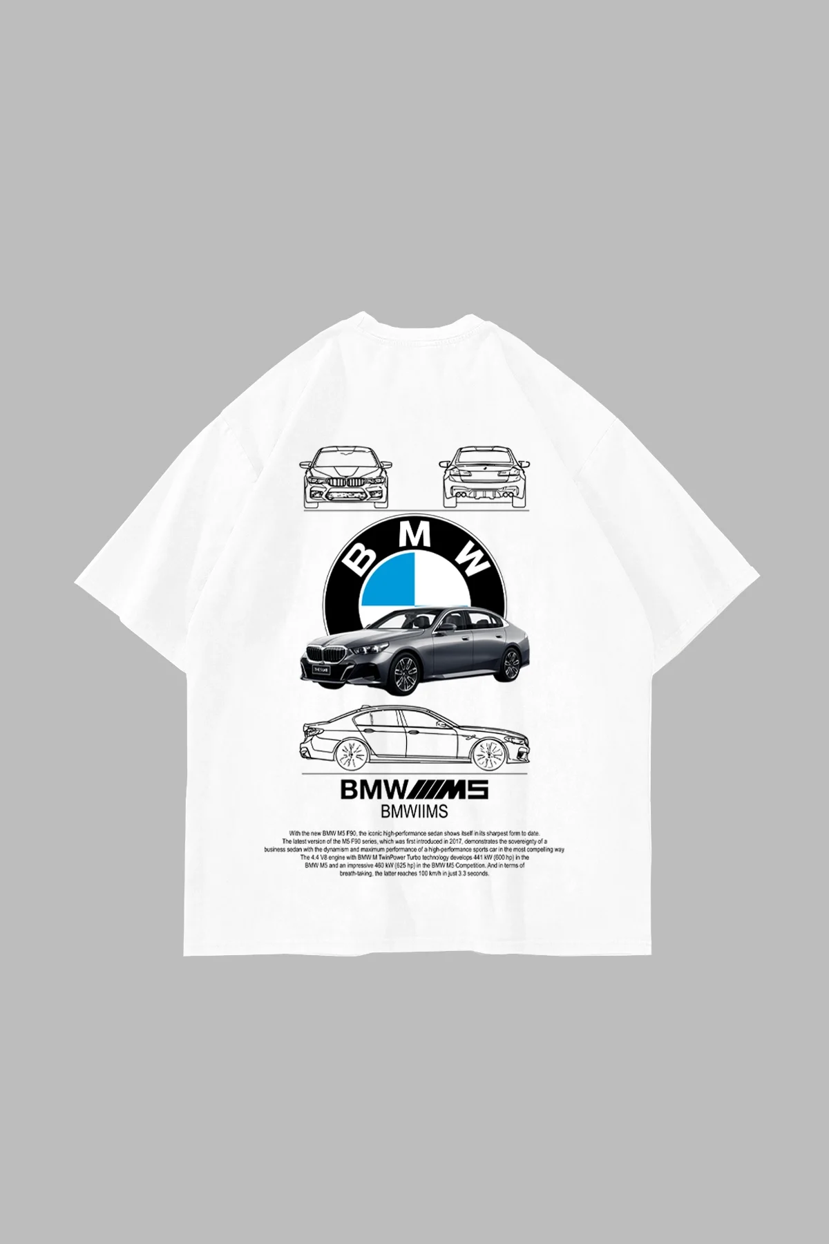 The M5 Blueprint Baskılı Oversize Unisex Beyaz Tshirt