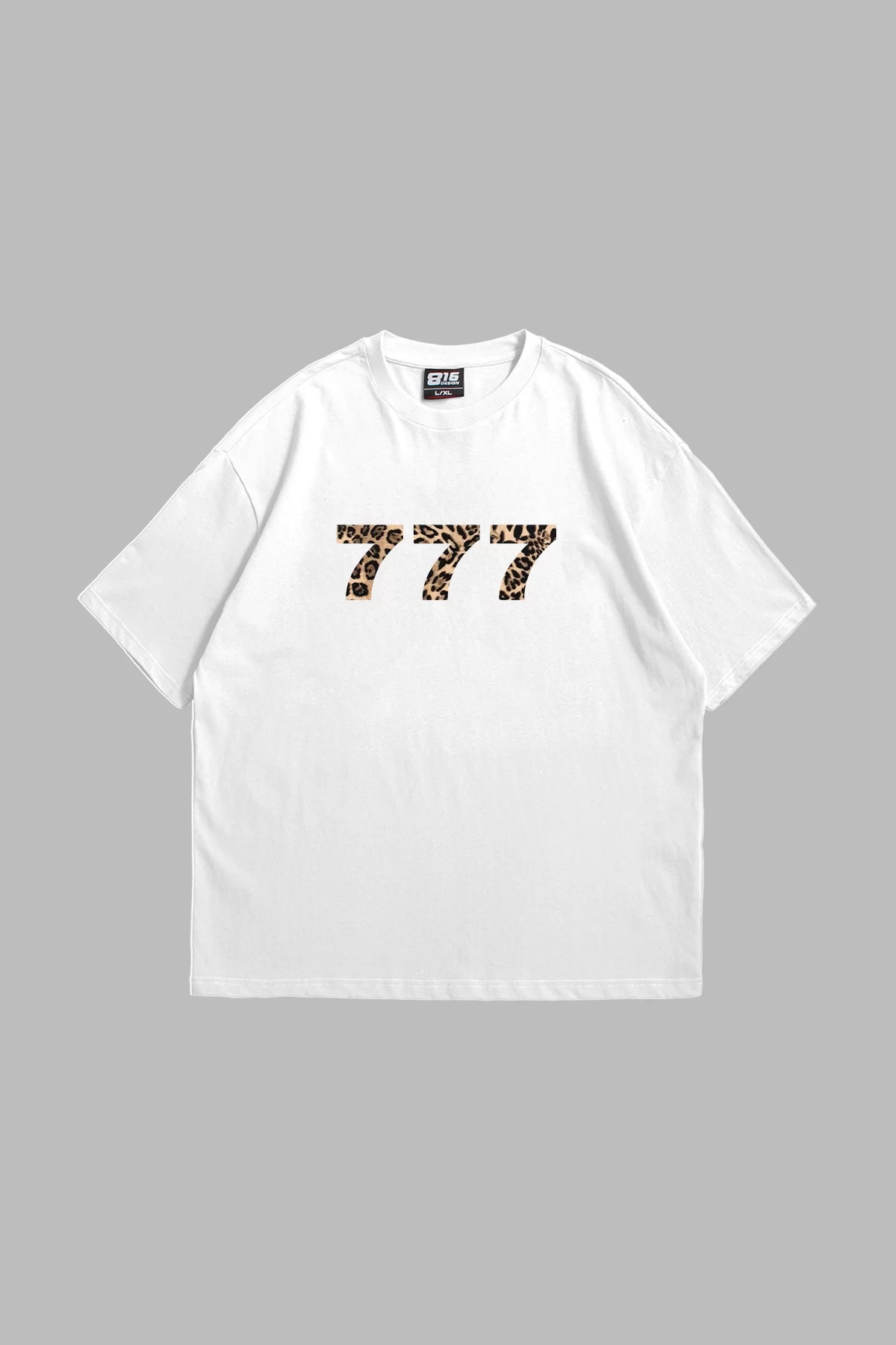 777 Leopar Baskılı Oversize Unisex Premium Beyaz Tshirt