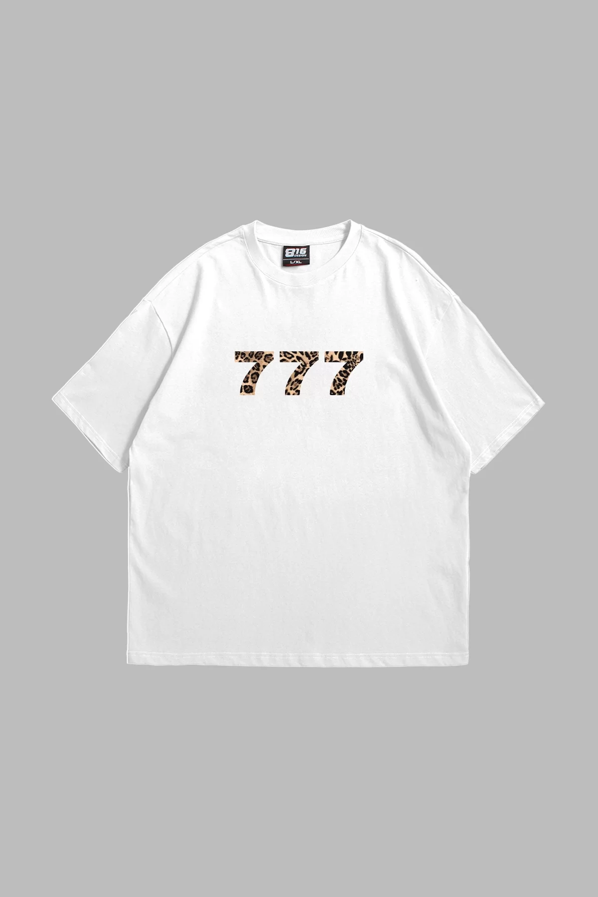 777 Leopar Baskılı Oversize Unisex Beyaz Tshirt