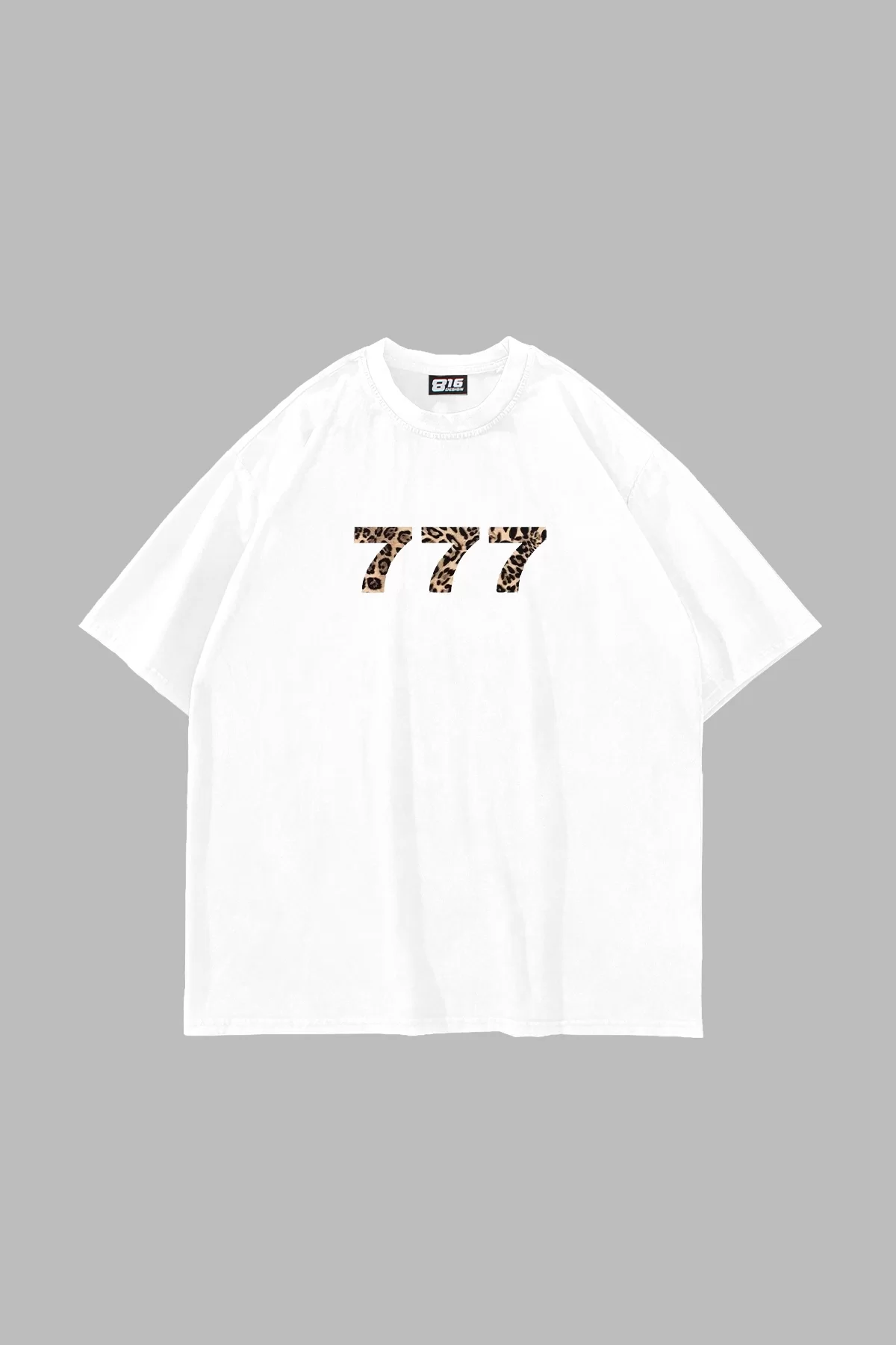777 Leopar Baskılı Oversize Unisex Premium Beyaz Tshirt