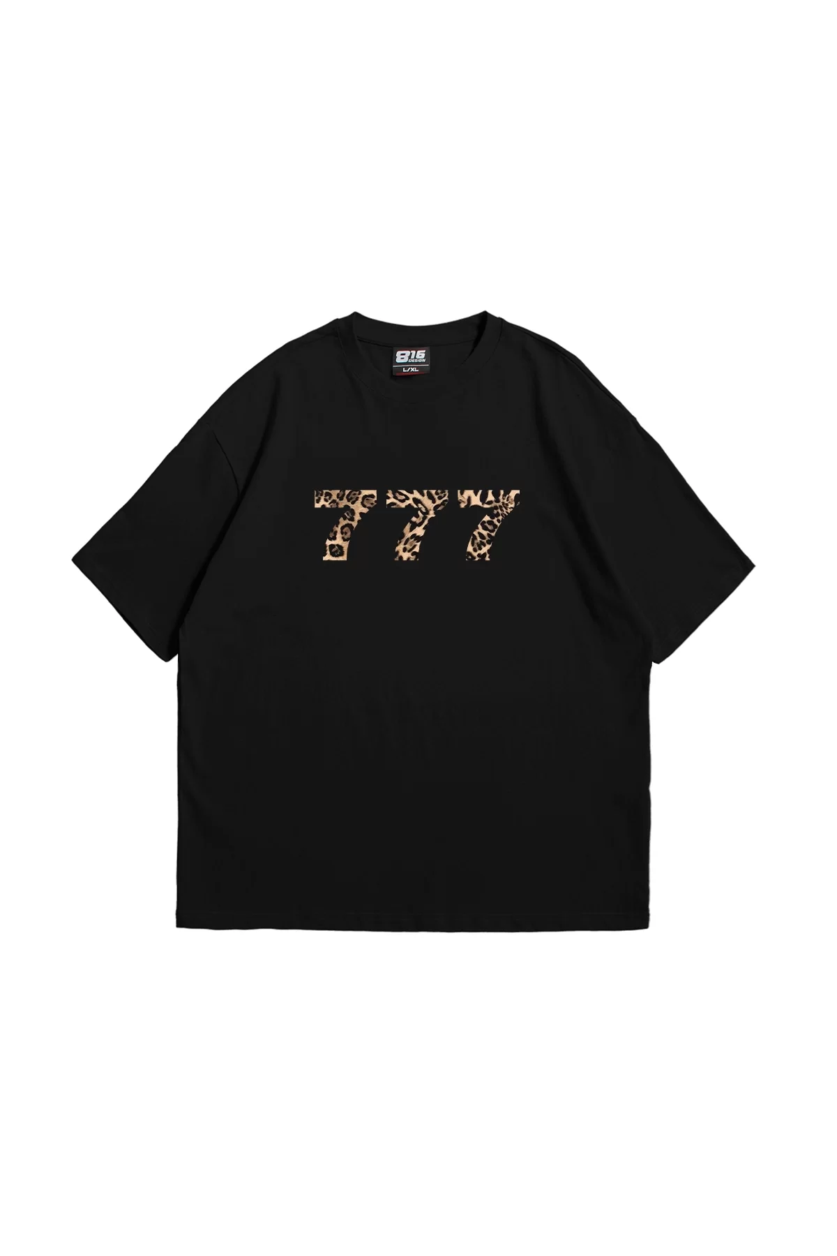 777 Leopar Baskılı Oversize Unisex Premium Siyah Tshirt