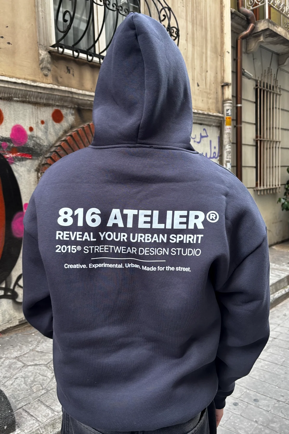 816 ATELIER® Baskılı Oversize Unisex Füme Hoodie