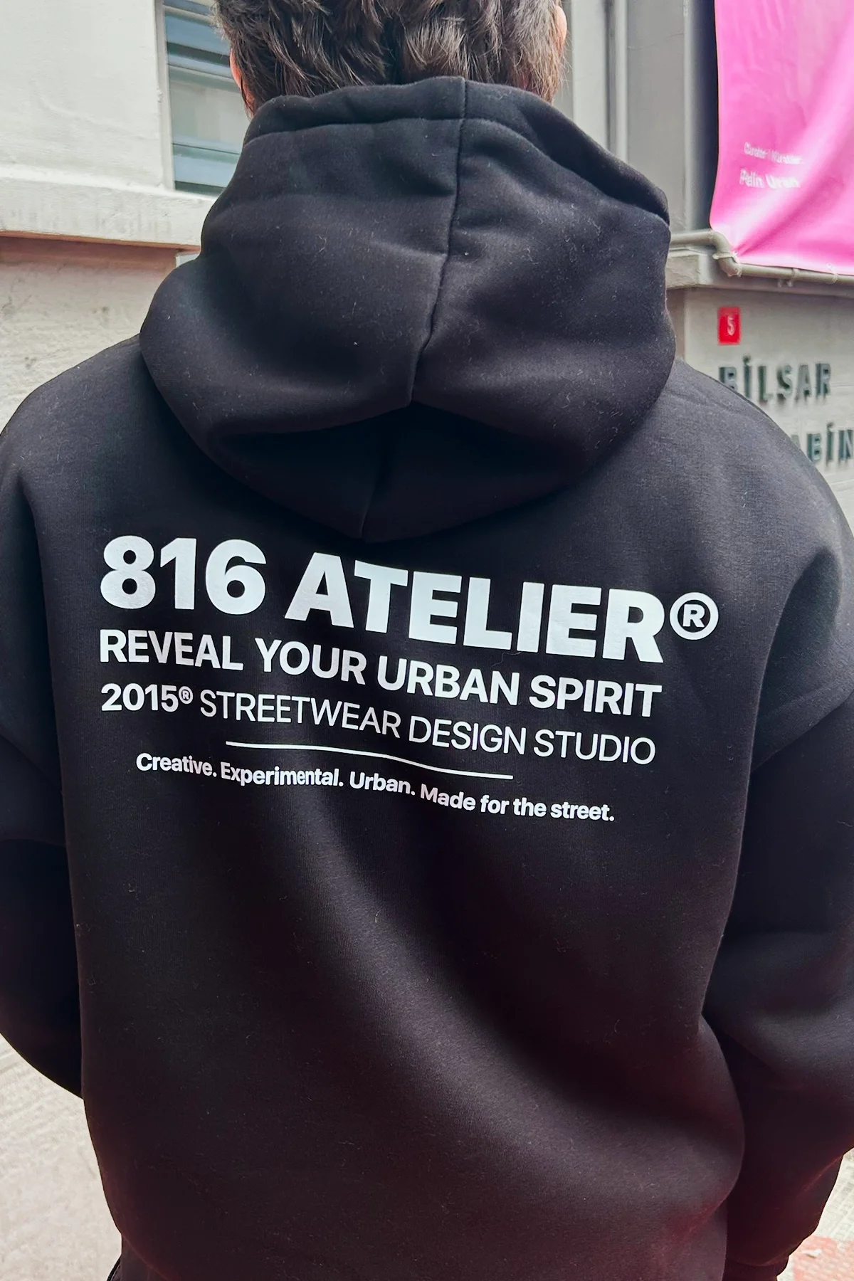 816 ATELIER® Baskılı Oversize Unisex Siyah Hoodie