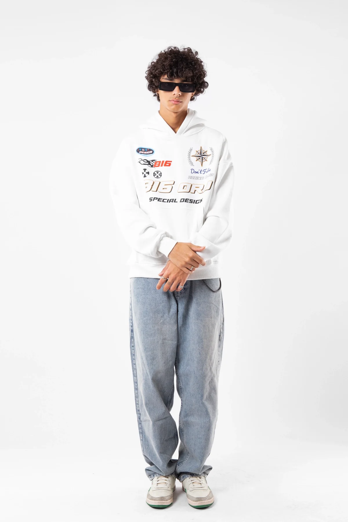 816 Racing Baskılı Oversize Unisex Beyaz Hoodie