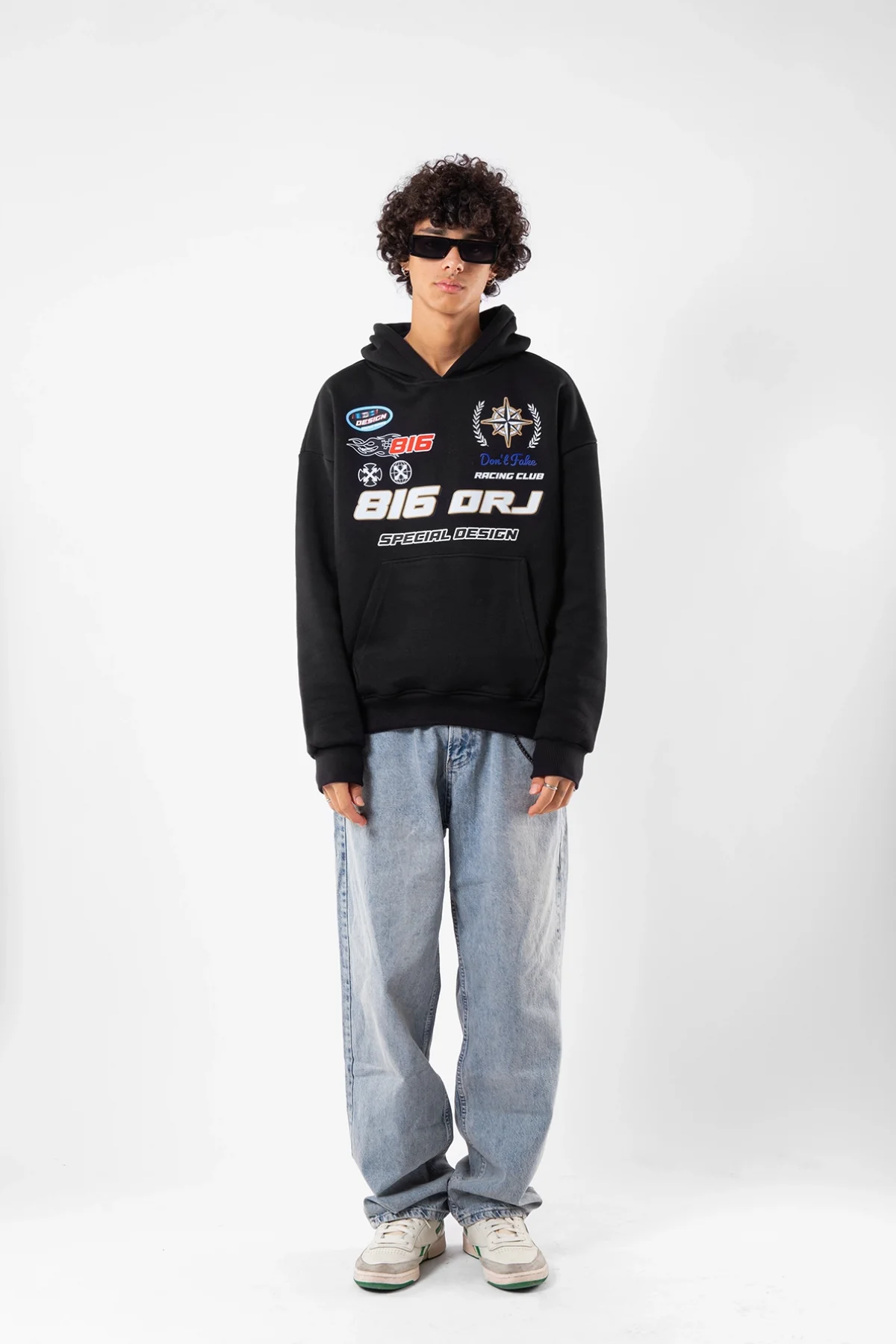 816 Racing Baskılı Oversize Unisex Siyah Hoodie