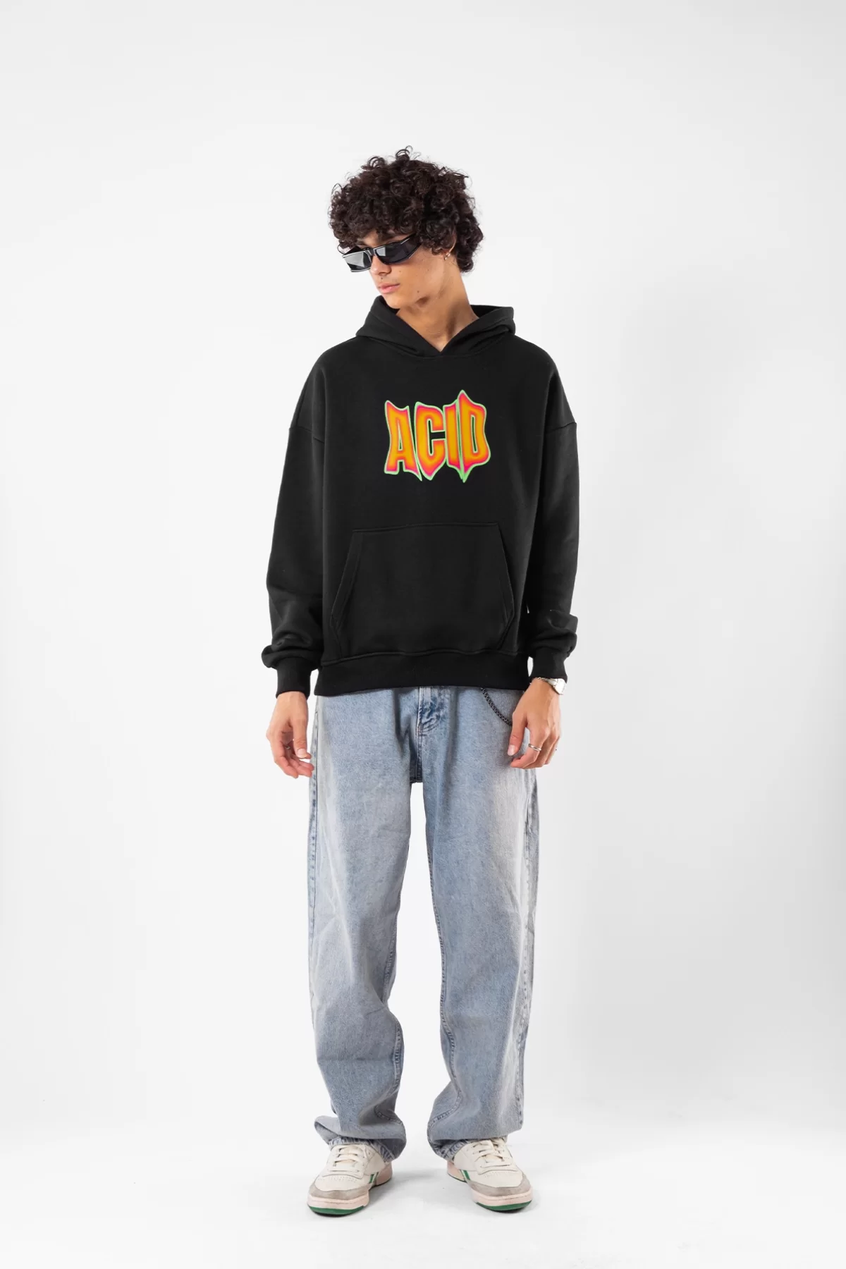 Acid Baskılı Oversize Unisex Siyah Hoodie