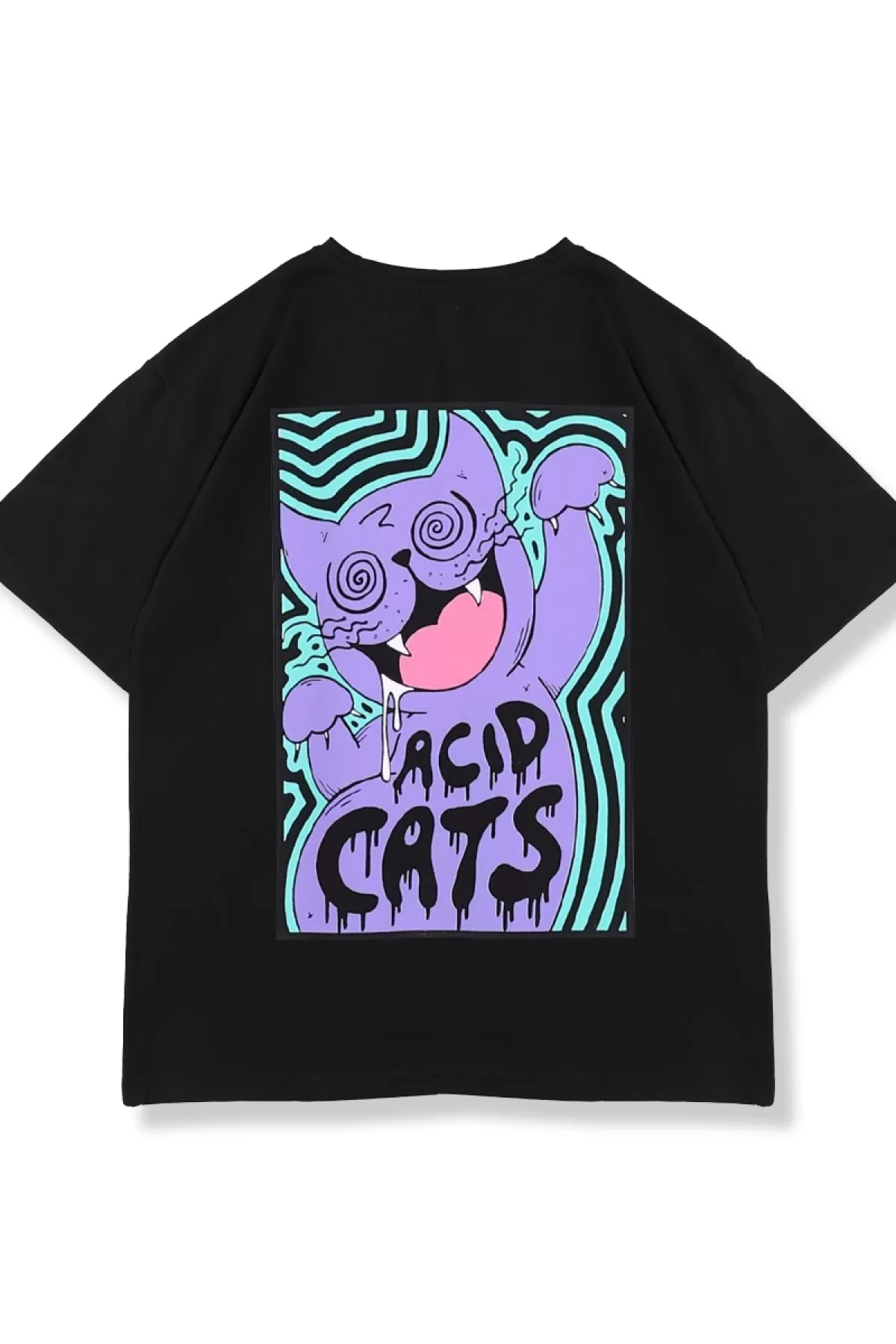 Acid Cat Sırt Baskılı Siyah Oversize Unisex Tshirt