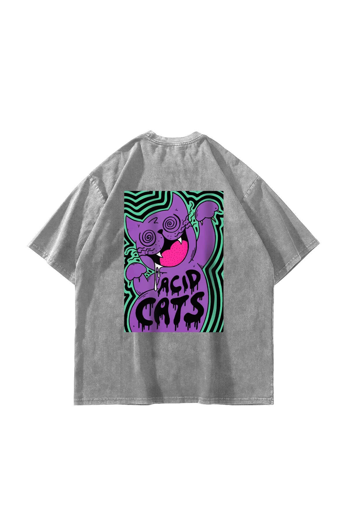 Acid Cat Sırt Baskılı Yıkamalı Beyaz Oversize Unisex Tshirt