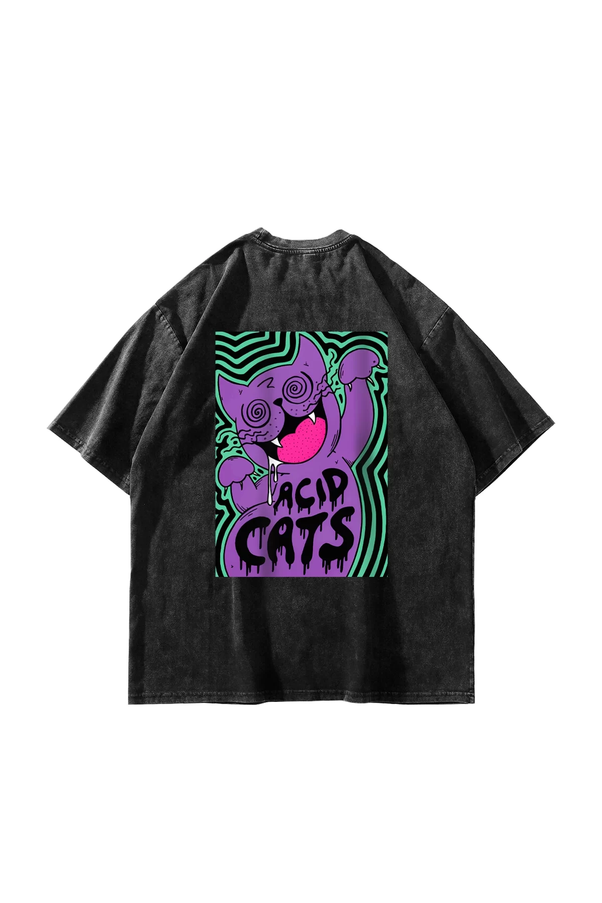 Acid Cat Sırt Baskılı Yıkamalı Siyah Oversize Unisex Tshirt