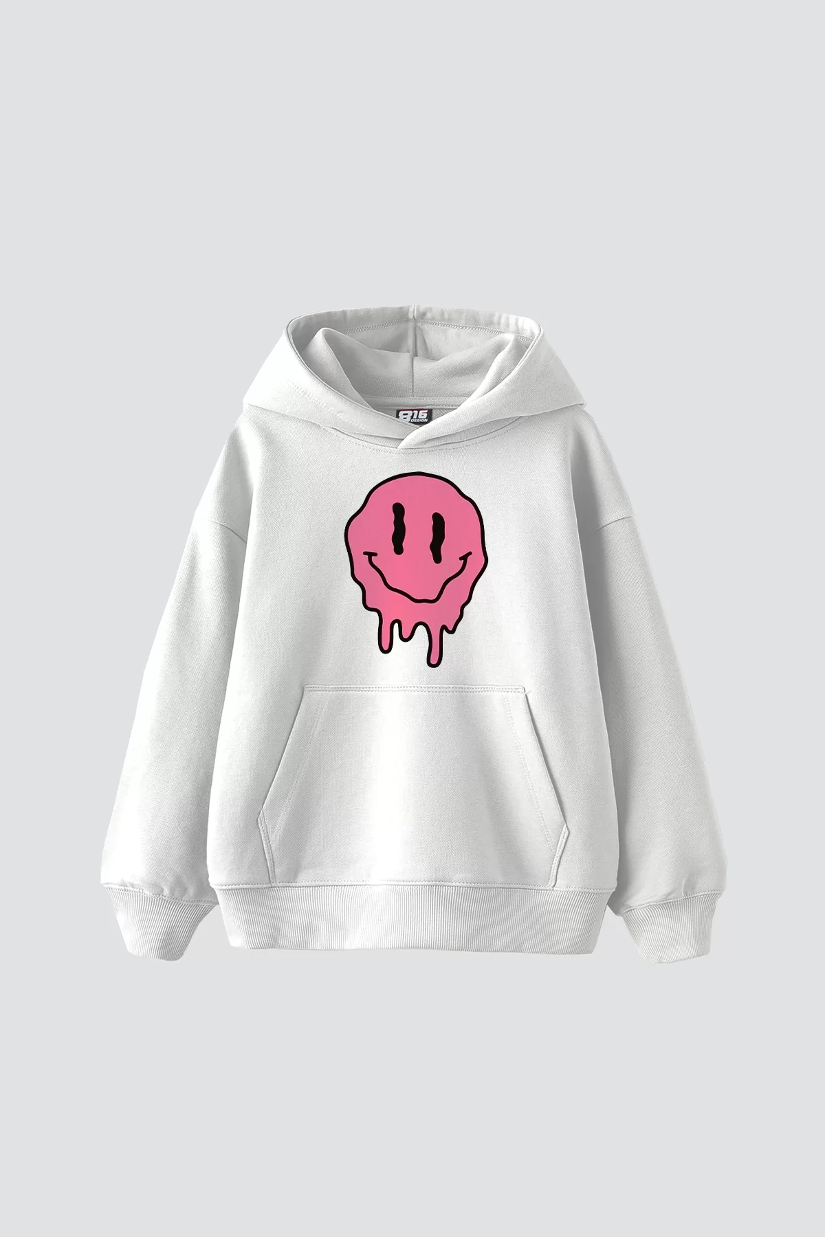 Acid Smile Baskılı Oversize Unisex Beyaz Hoodie