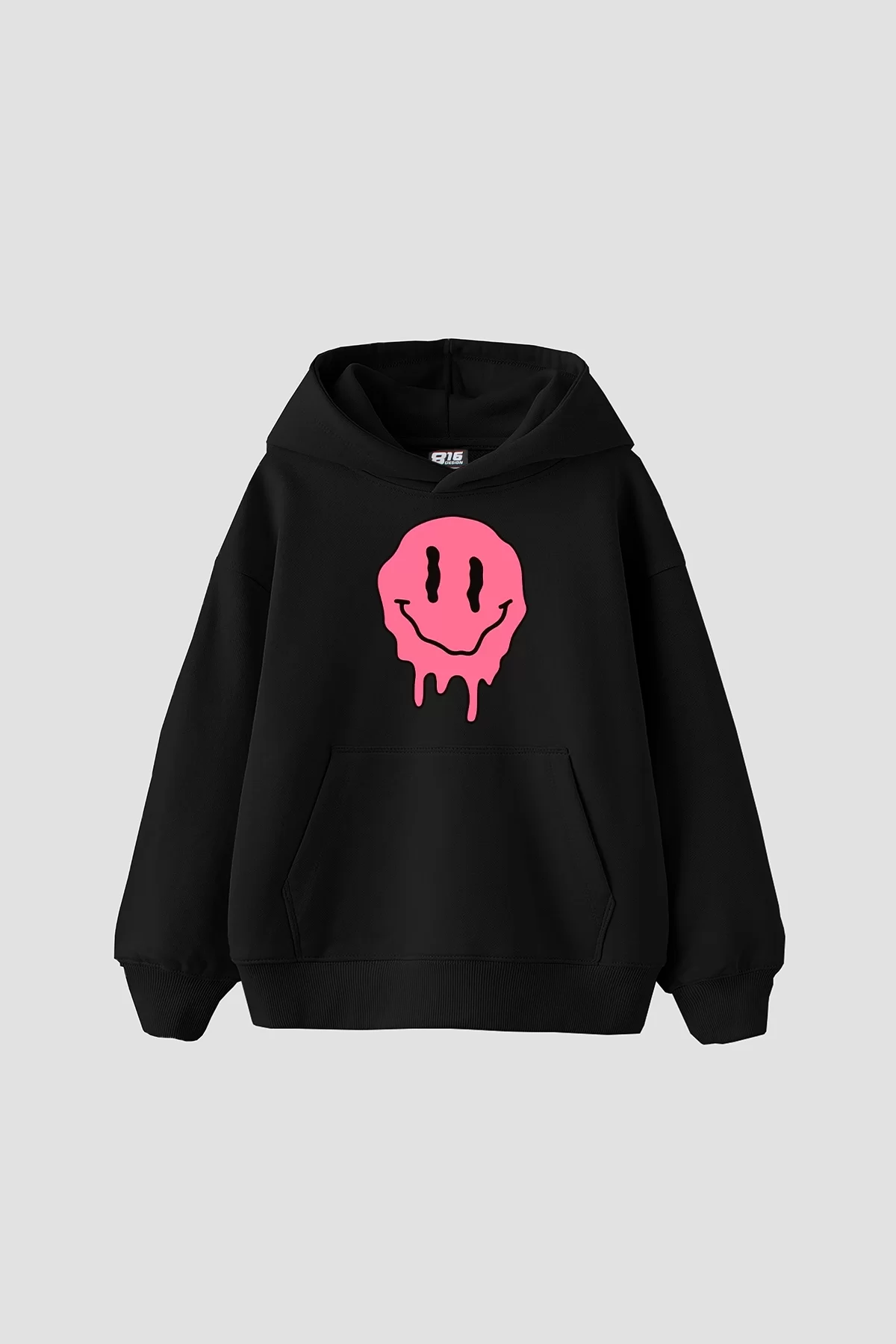 Acid Smile Baskılı Oversize Unisex Siyah Hoodie