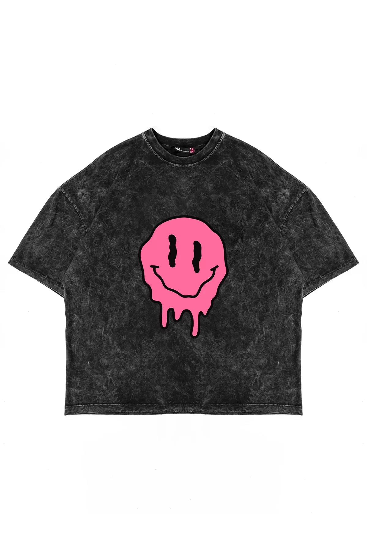 Acid Smile Baskılı Oversize Unisex Yıkamalı Siyah Tshirt