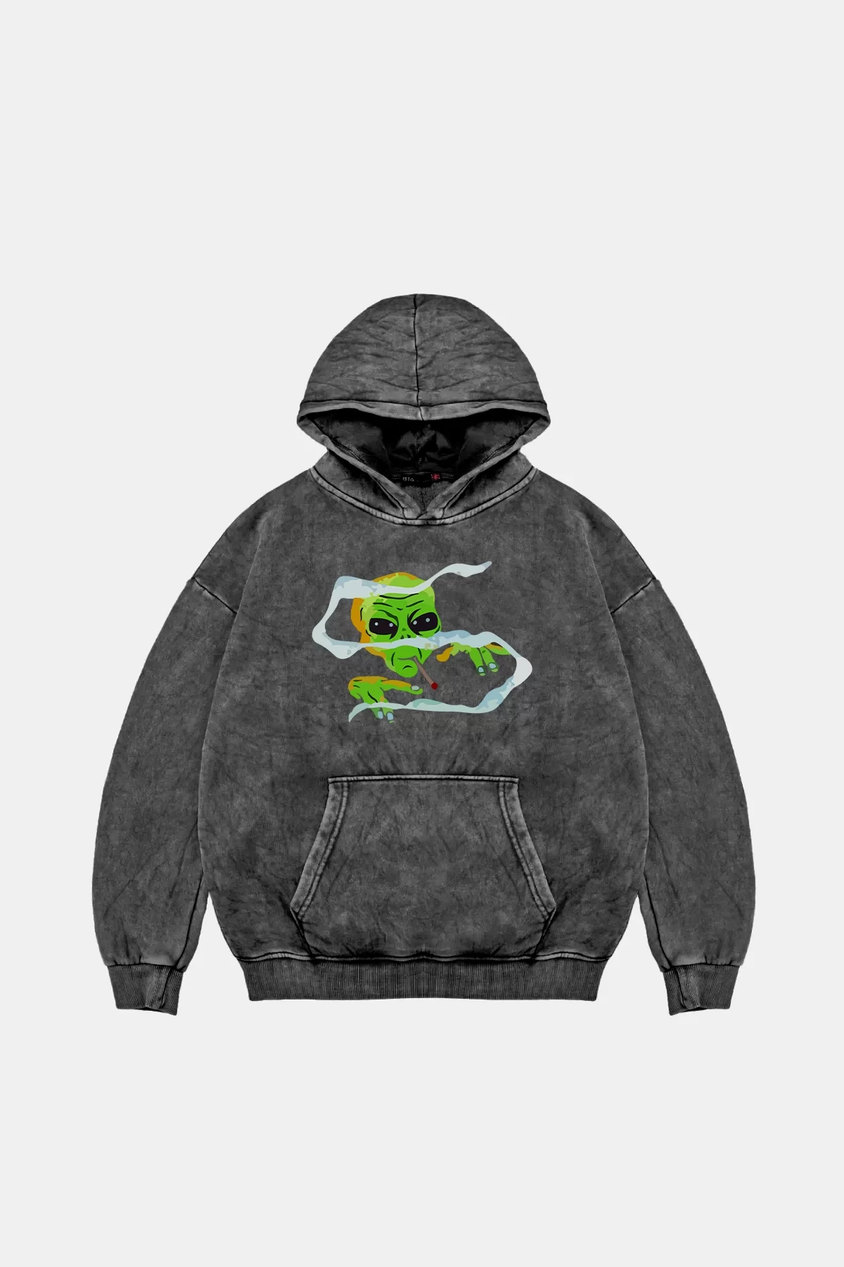 Alien Smoke Baskılı Oversize Unisex Yıkamalı Siyah Hoodie