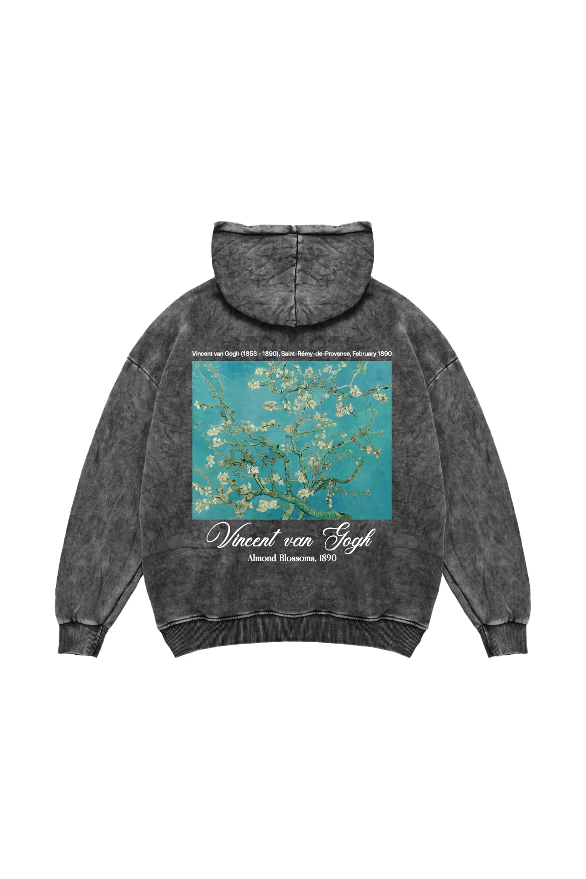 Almond Blossoms Baskılı Oversize Unisex Yıkamalı Siyah Hoodie