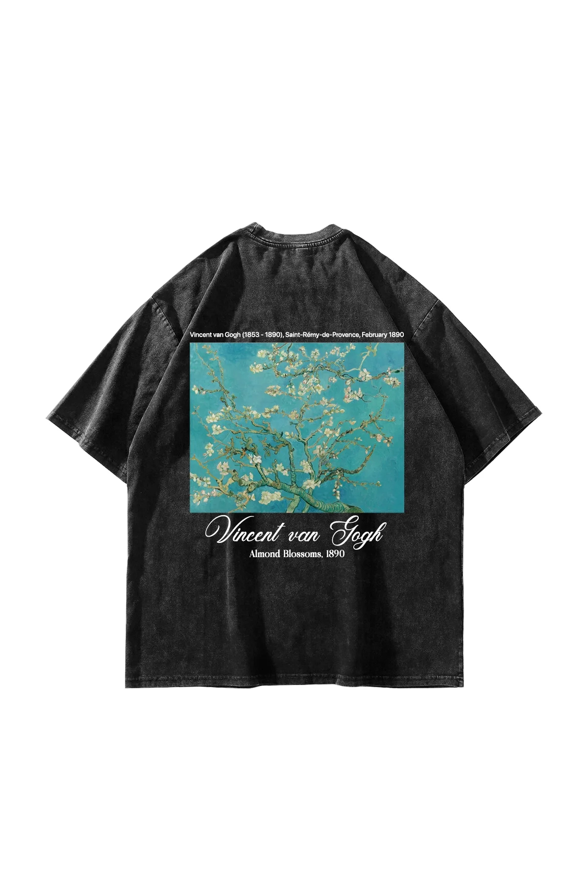 Almond Blossoms Baskılı Oversize Unisex Yıkamalı Siyah Tshirt