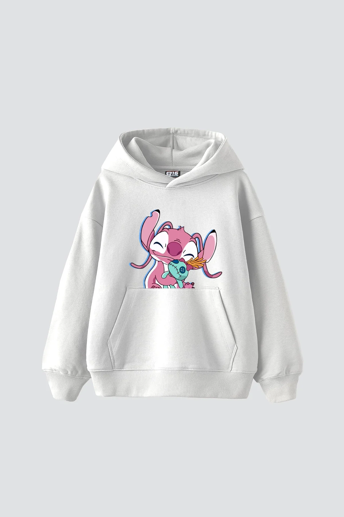 Angel Stitch Baskılı Oversize Unisex Beyaz Hoodie