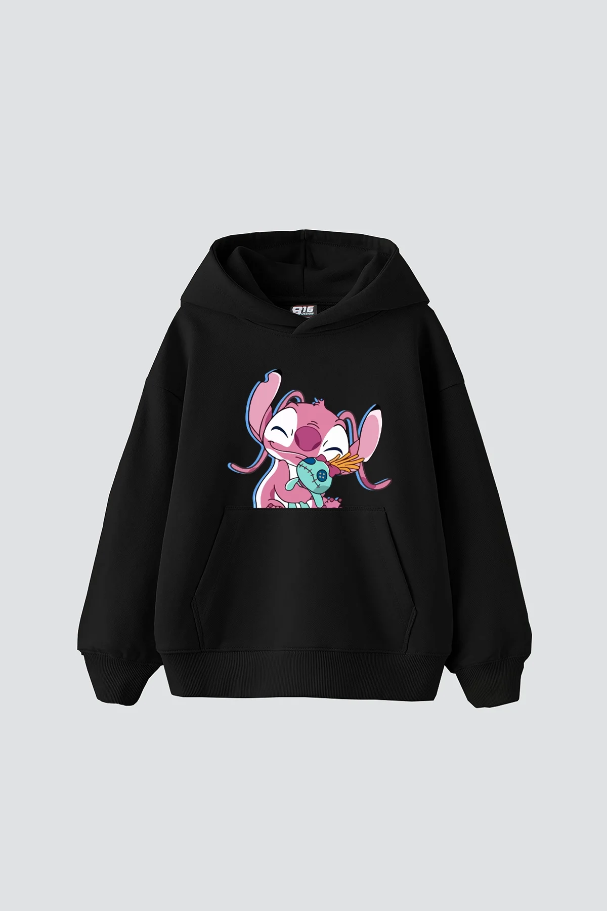 Angel Stitch Baskılı Oversize Unisex Siyah Hoodie
