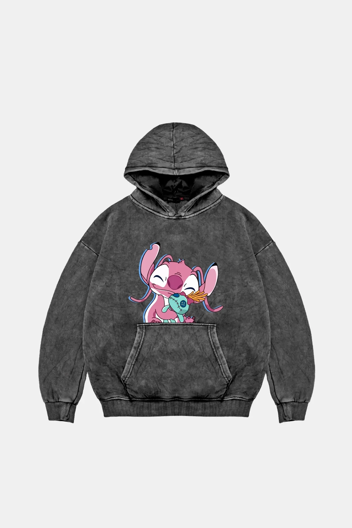 Angel Stitch Baskılı Oversize Unisex Yıkamalı Siyah Hoodie