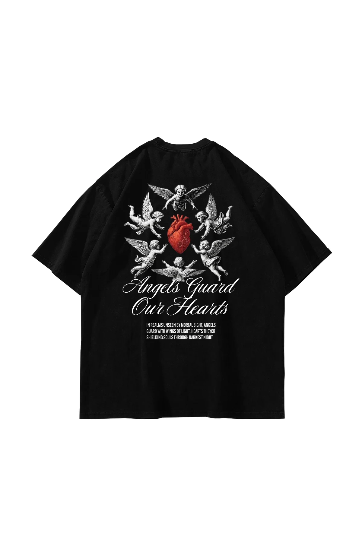 Angels Guard Our Hearts Baskılı Oversize Unisex Siyah Tshirt