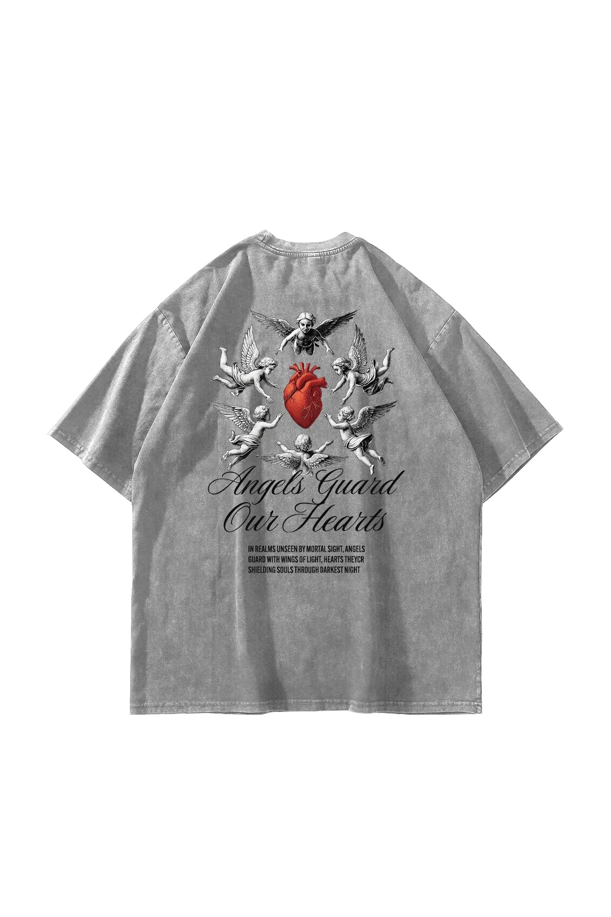 Angels Guard Our Hearts Baskılı Oversize Unisex Yıkamalı Beyaz Tshirt